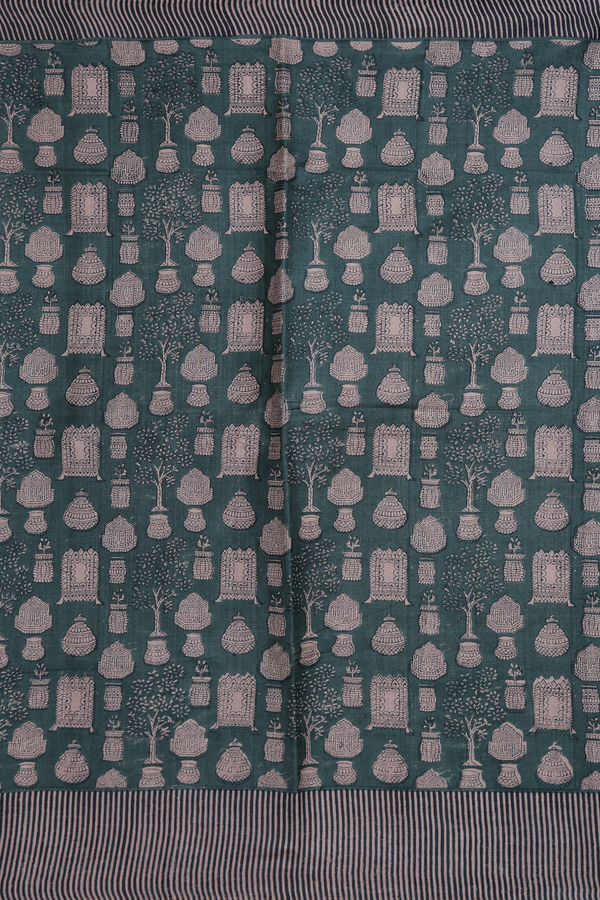 Tussar Silk Saree In Dark Green With Printed Design