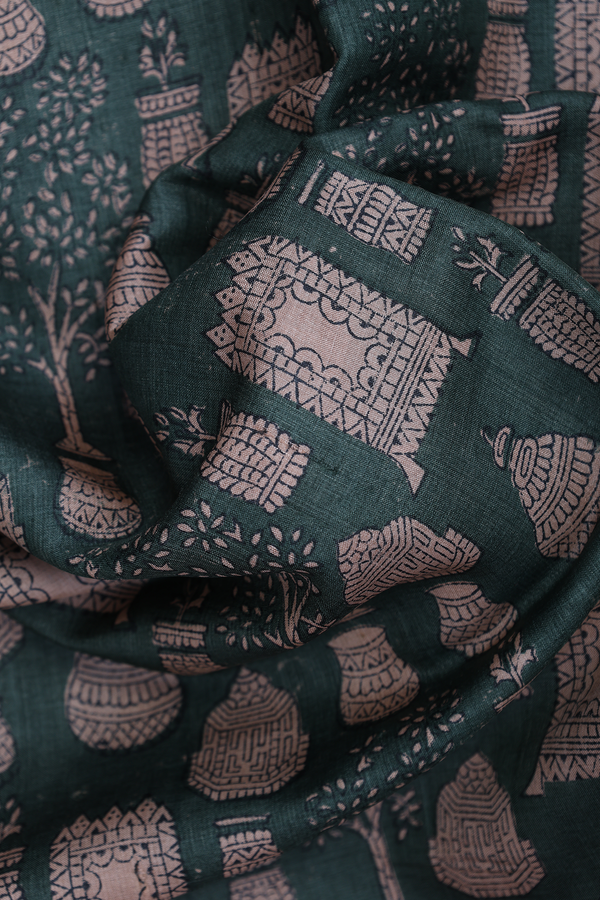 Tussar Silk Saree In Dark Green With Printed Design
