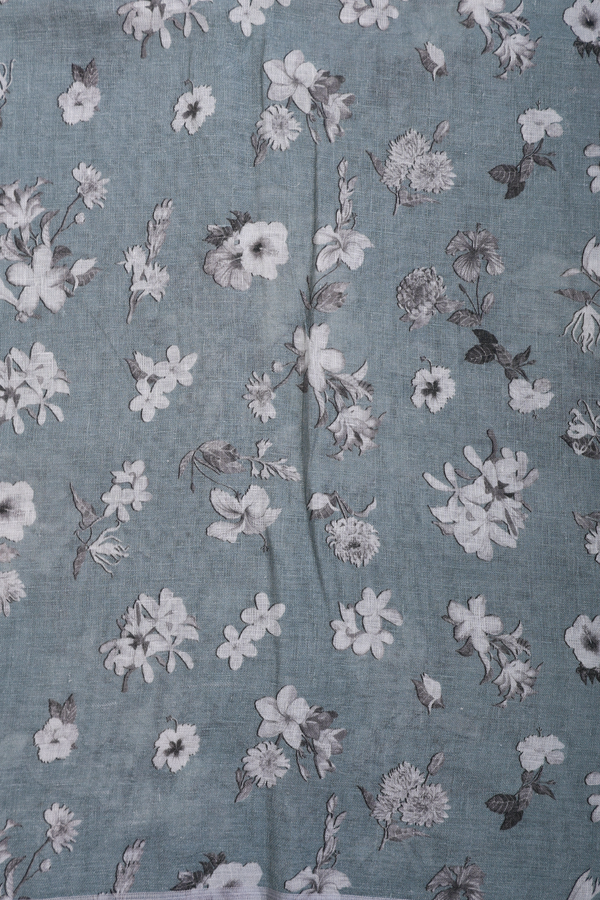 Linen Saree In Dusty Green With Floral Design