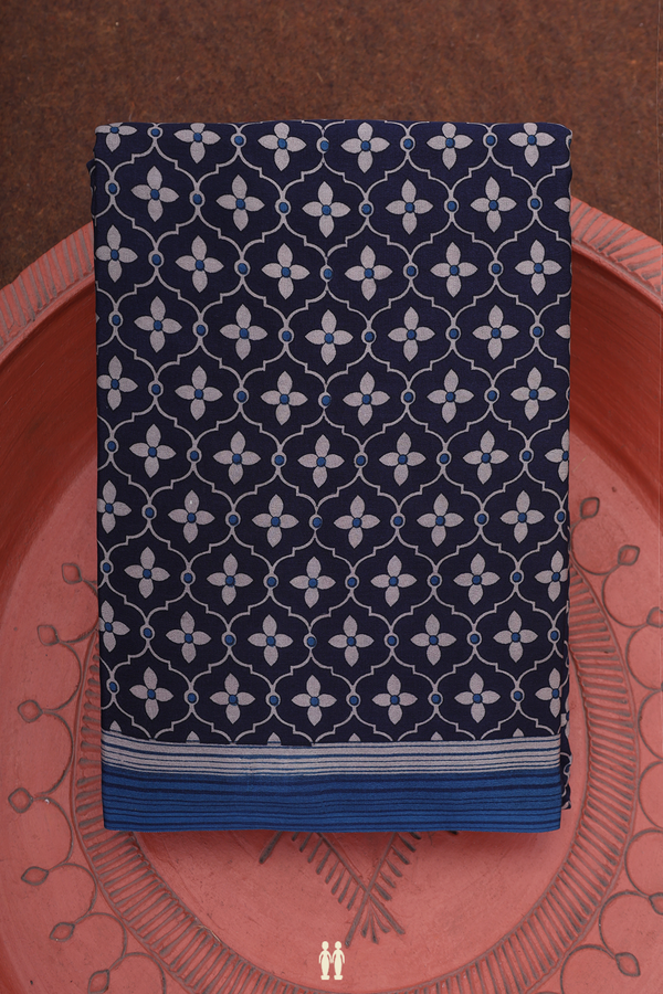 Crepe Saree In Navy Blue With Printed Floral Design