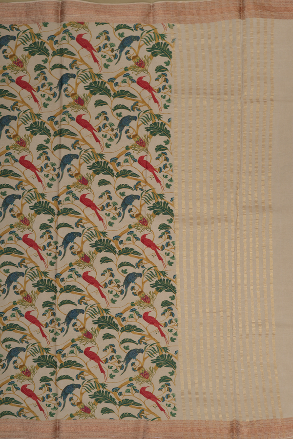 Crepe Saree In Beige With Parrot Design