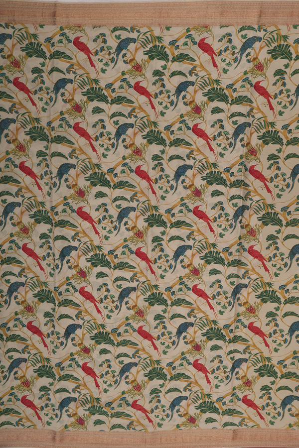 Crepe Saree In Beige With Parrot Design