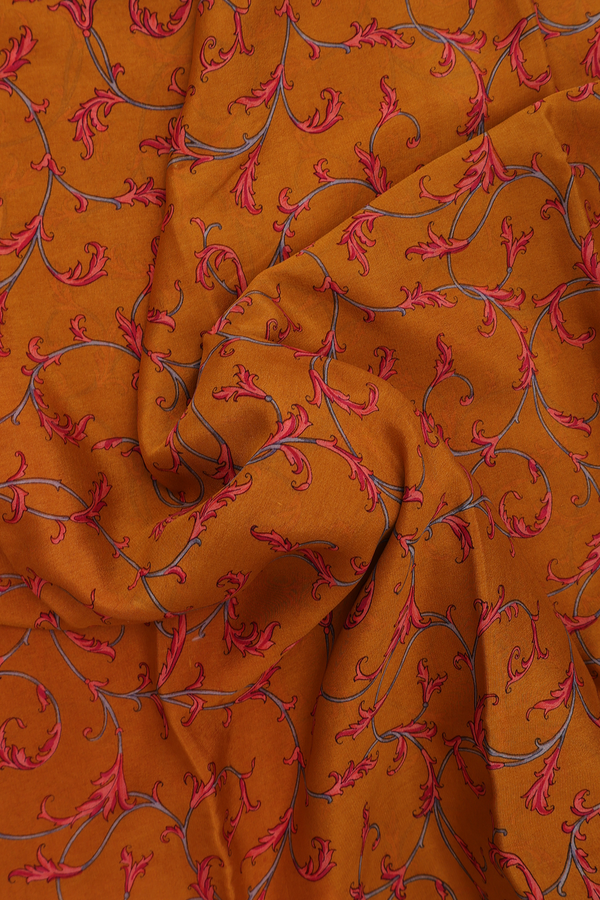 Crepe Saree In Ginger Orange With Floral Printed Design