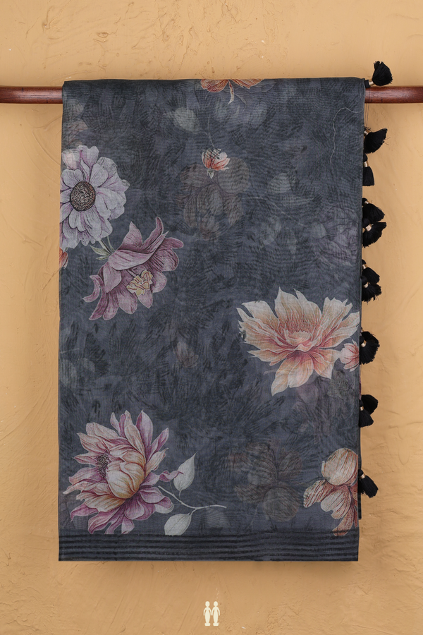 Organza Silk Saree In Charcoal Grey With Floral Printed Design