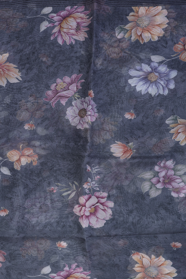 Organza Silk Saree In Charcoal Grey With Floral Printed Design