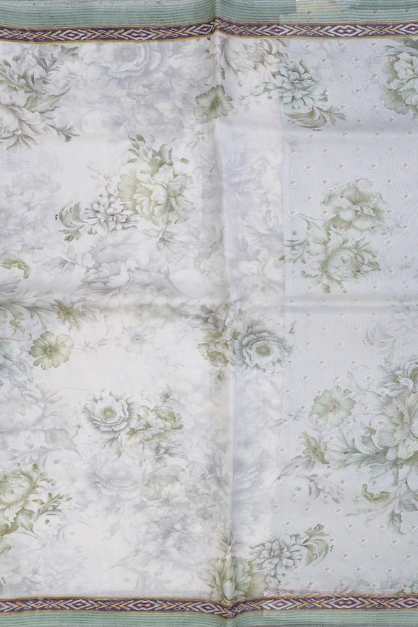 Organza Silk Saree In White With Floral Printed Design
