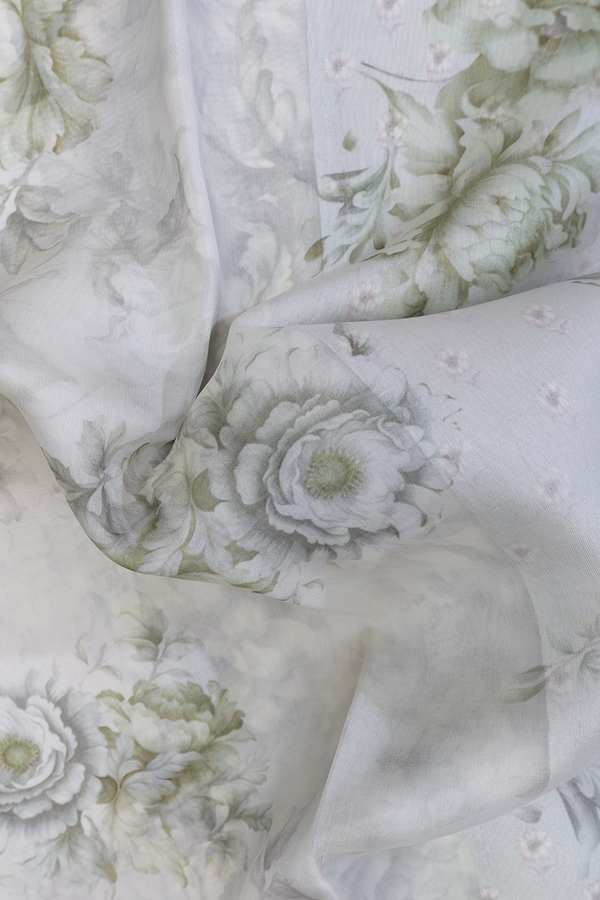 Organza Silk Saree In White With Floral Printed Design