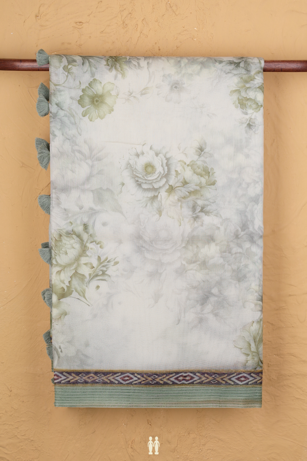 Organza Silk Saree In White With Floral Printed Design