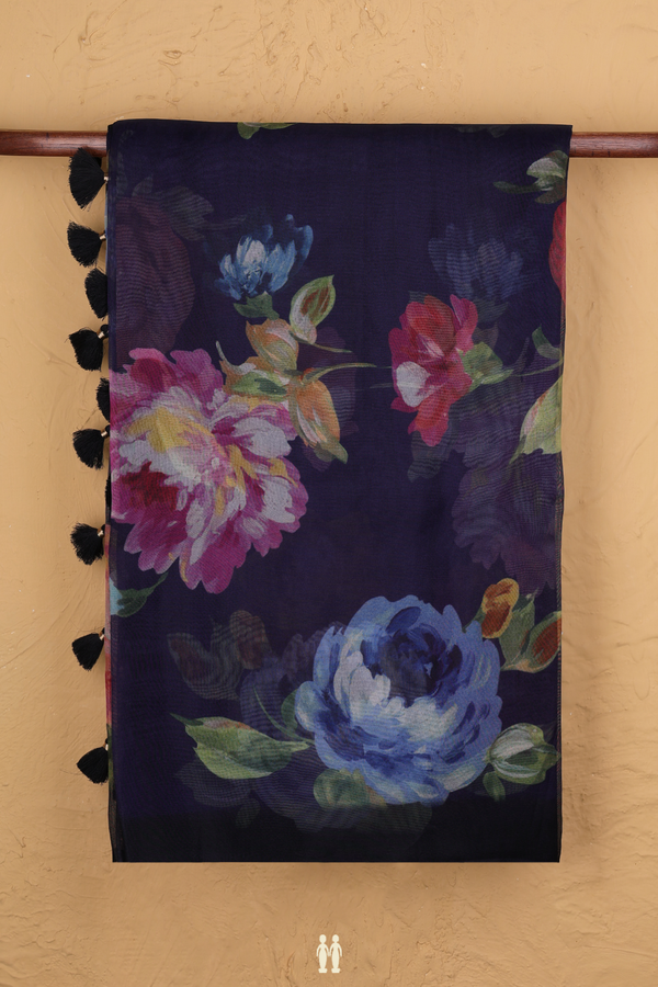 Organza Silk Saree In Navy Blue With Floral Printed Design