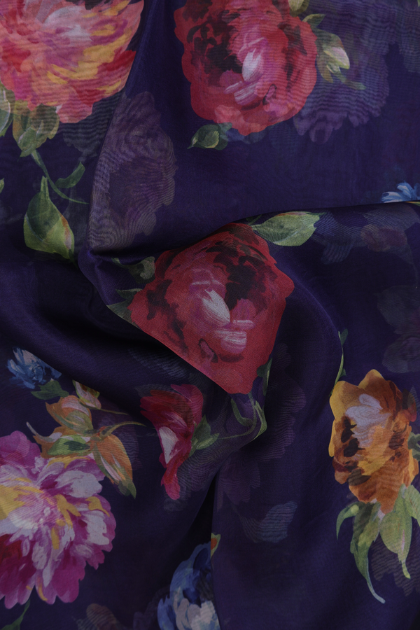 Organza Silk Saree In Navy Blue With Floral Printed Design