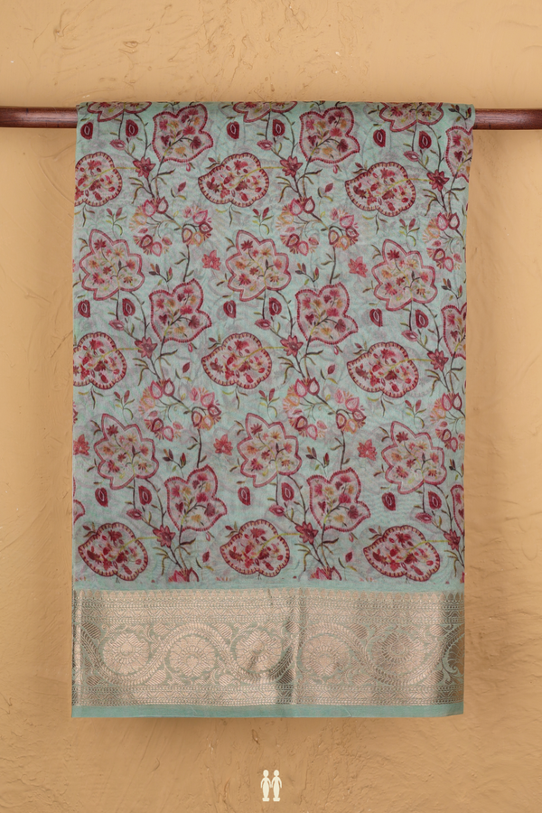 Organza Silk Saree In Mint Green With Floral Printed Design