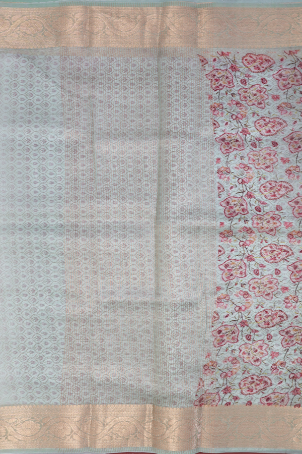 Organza Silk Saree In Mint Green With Floral Printed Design
