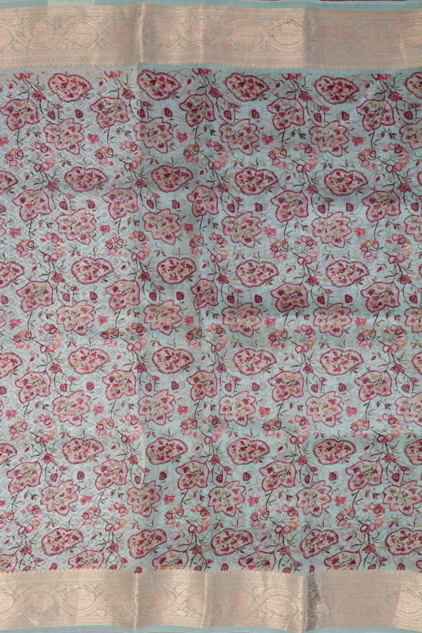 Organza Silk Saree In Mint Green With Floral Printed Design