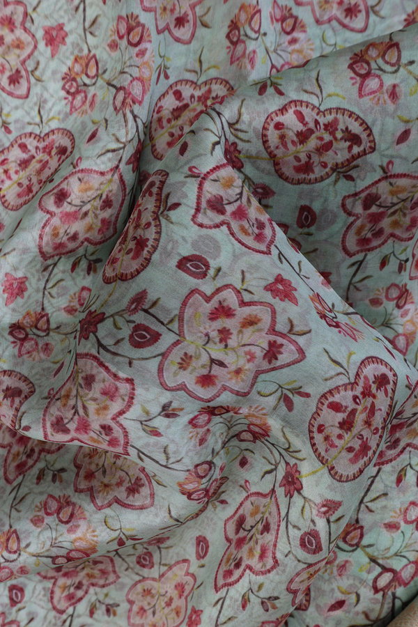 Organza Silk Saree In Mint Green With Floral Printed Design