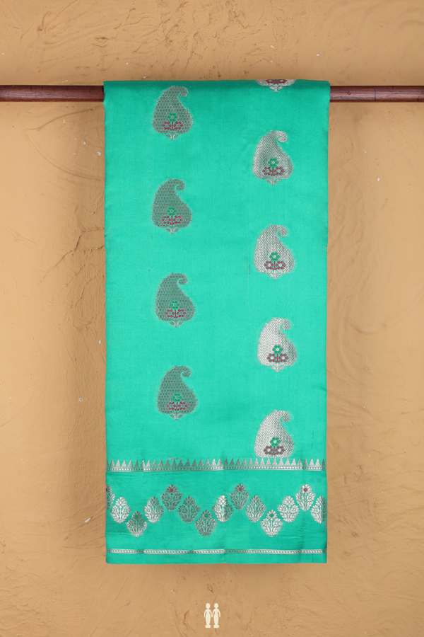 Raw Silk Saree In Sea Green With Paisley Motifs