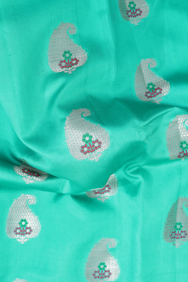 Raw Silk Saree In Sea Green With Paisley Motifs
