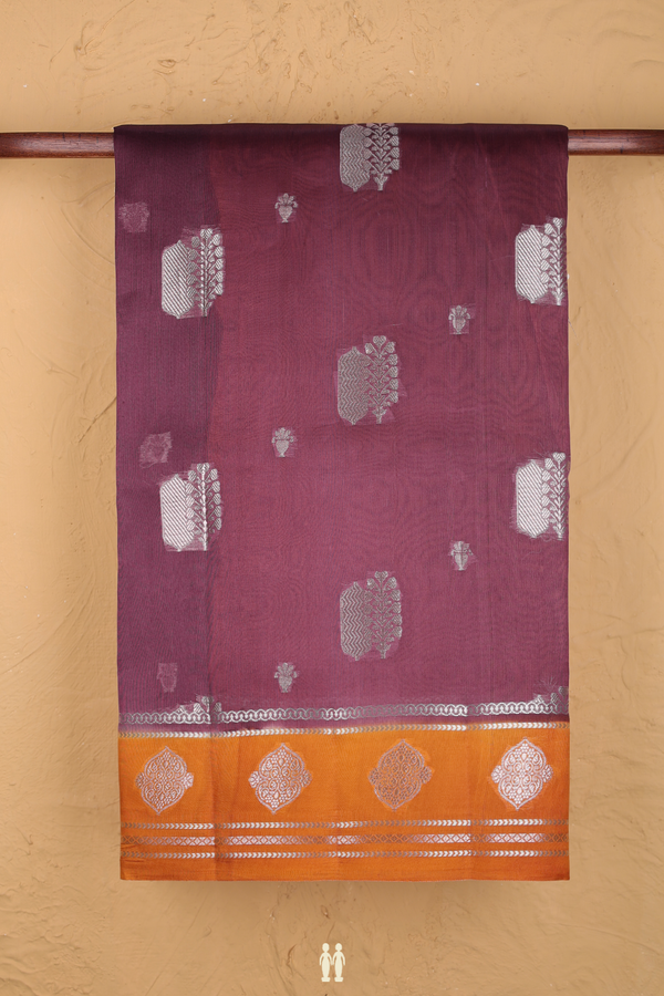 Raw Silk Saree In Plum Brown With Zari Motifs