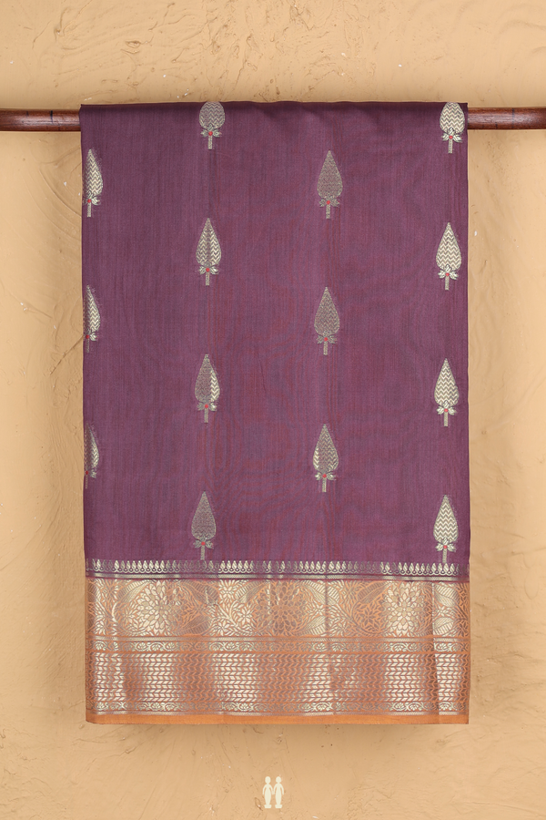 Raw Silk Saree In Plum Brown With Floral Buttas