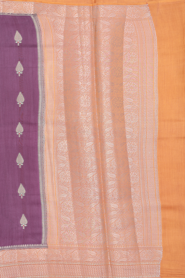 Raw Silk Saree In Plum Brown With Floral Buttas