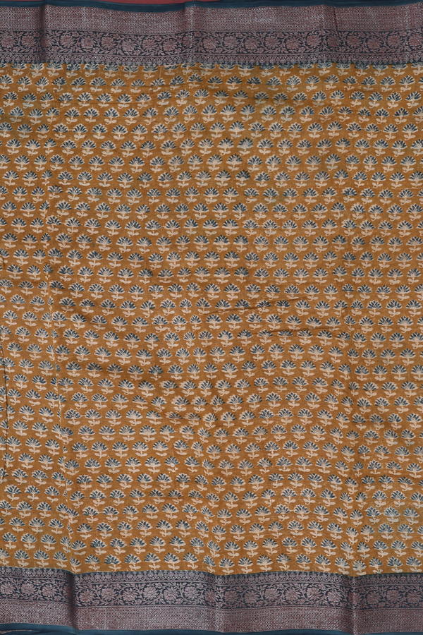Chanderi Cotton Saree In Golden Brown With Floral Design