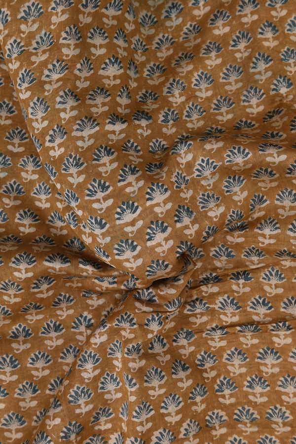 Chanderi Cotton Saree In Golden Brown With Floral Design