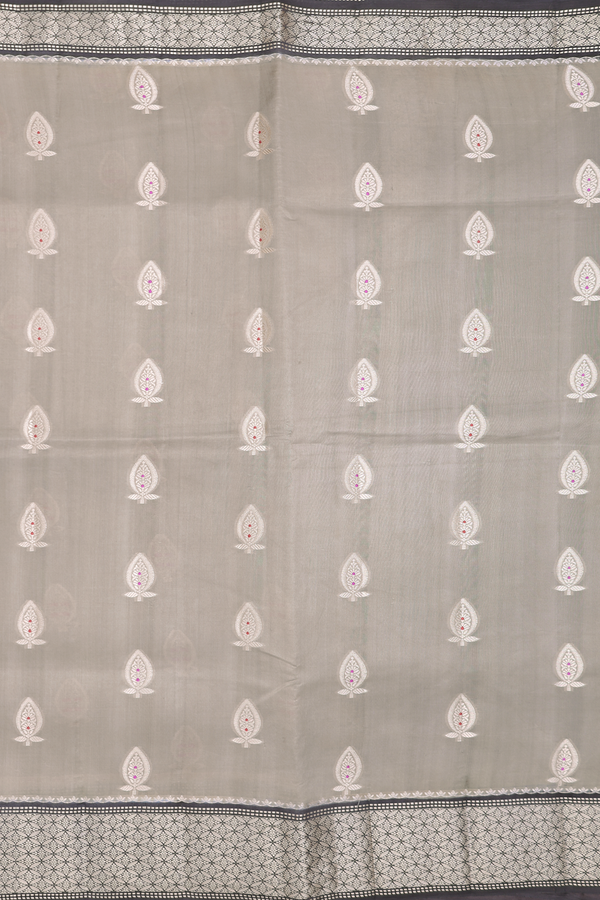 Raw Silk Saree In Brownish Grey With Floral Buttas