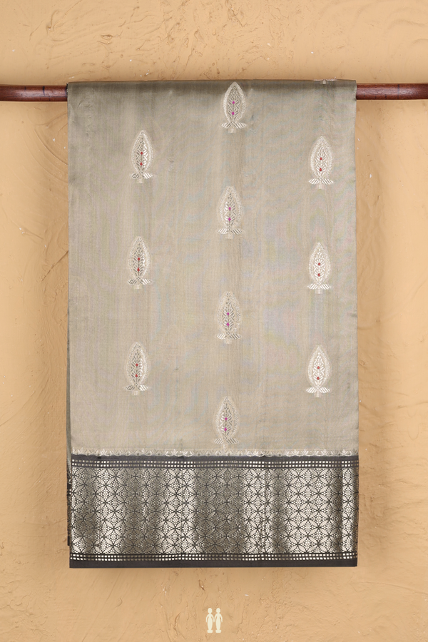Raw Silk Saree In Brownish Grey With Floral Buttas