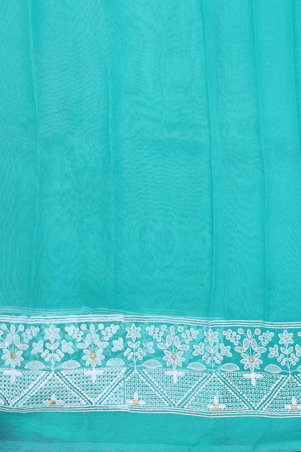 Organza Silk Saree In Light Sea Green With Embroidered Buttas