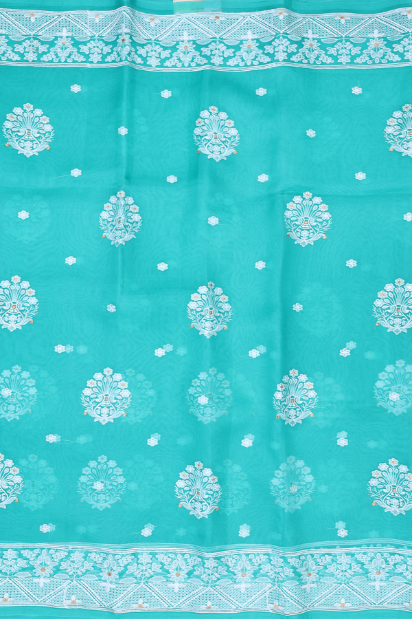 Organza Silk Saree In Light Sea Green With Embroidered Buttas