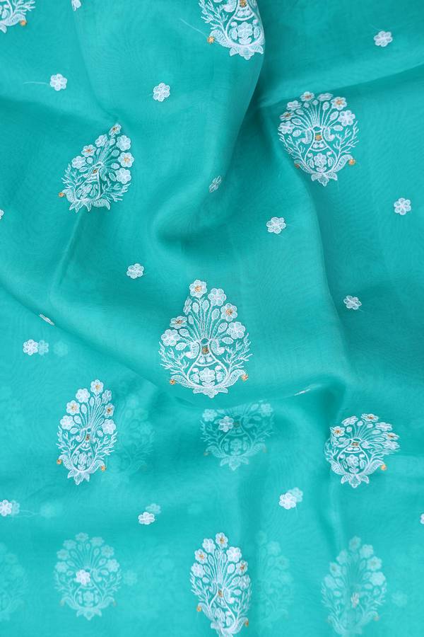 Organza Silk Saree In Light Sea Green With Embroidered Buttas