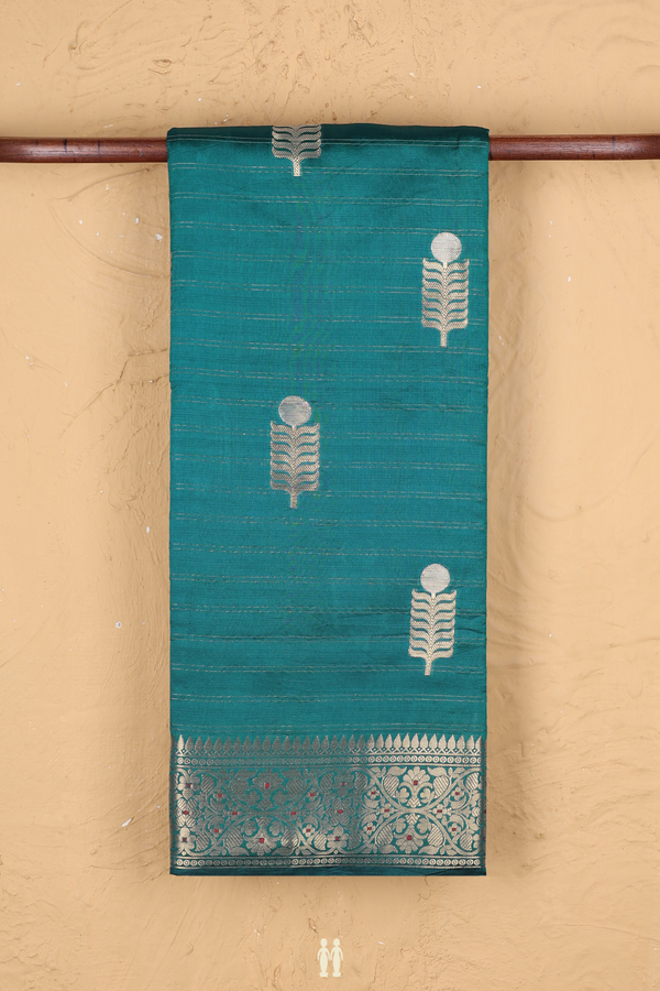 Raw Silk Saree In Teal Blue With Zari Motifs