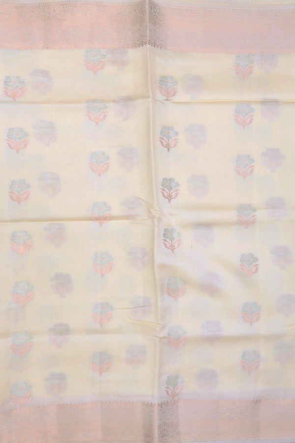 Raw Silk Saree In White With Floral Buttas