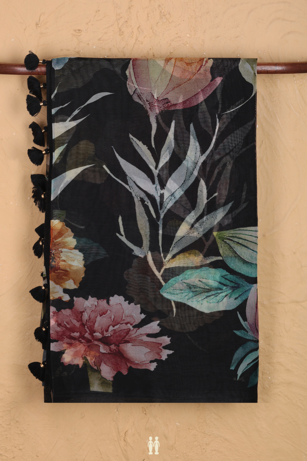 Organza Silk Saree In Black With Floral Design