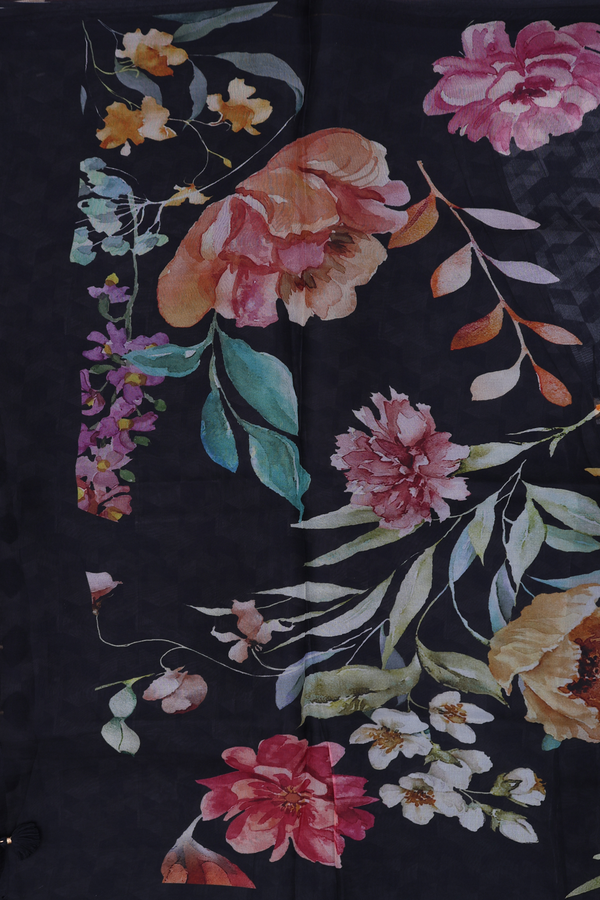 Organza Silk Saree In Black With Floral Design