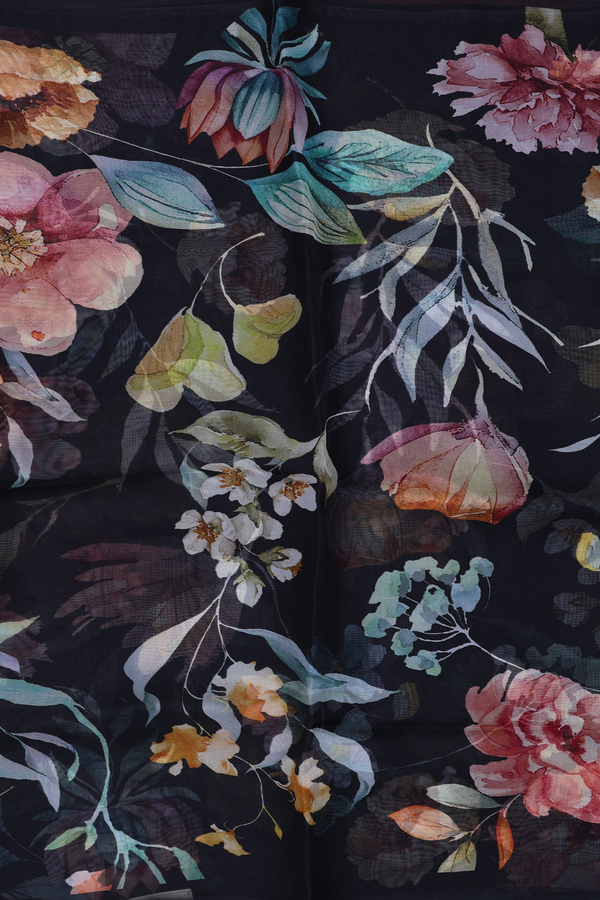 Organza Silk Saree In Black With Floral Design
