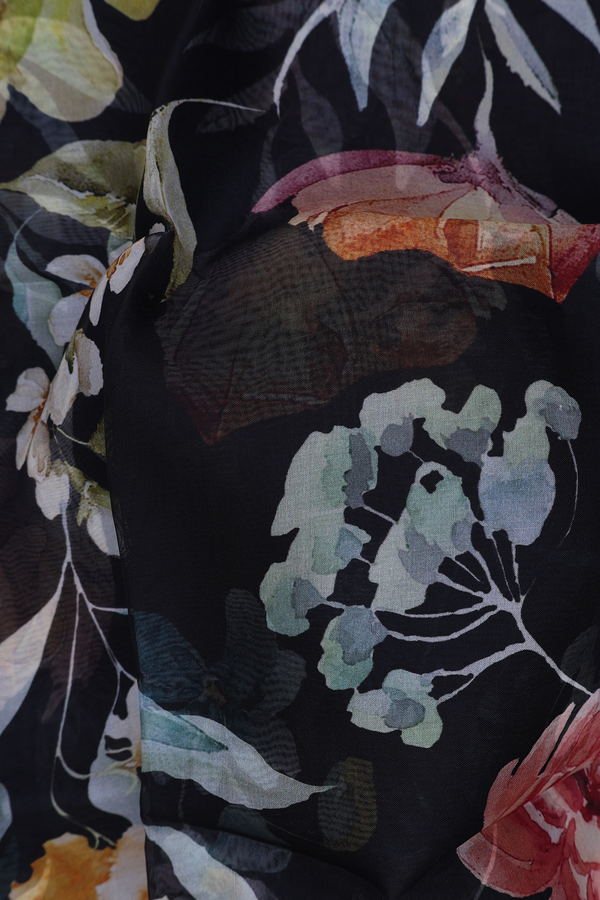 Organza Silk Saree In Black With Floral Design