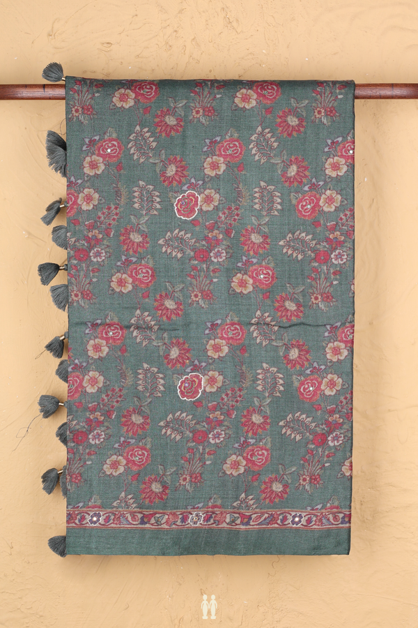 Tussar Silk Saree In Sage Green With Floral Design