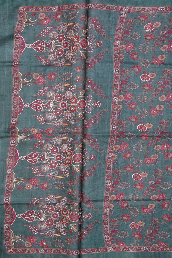 Tussar Silk Saree In Sage Green With Floral Design