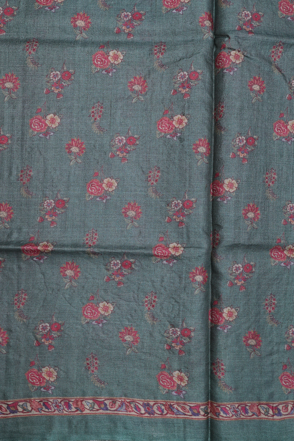 Tussar Silk Saree In Sage Green With Floral Design
