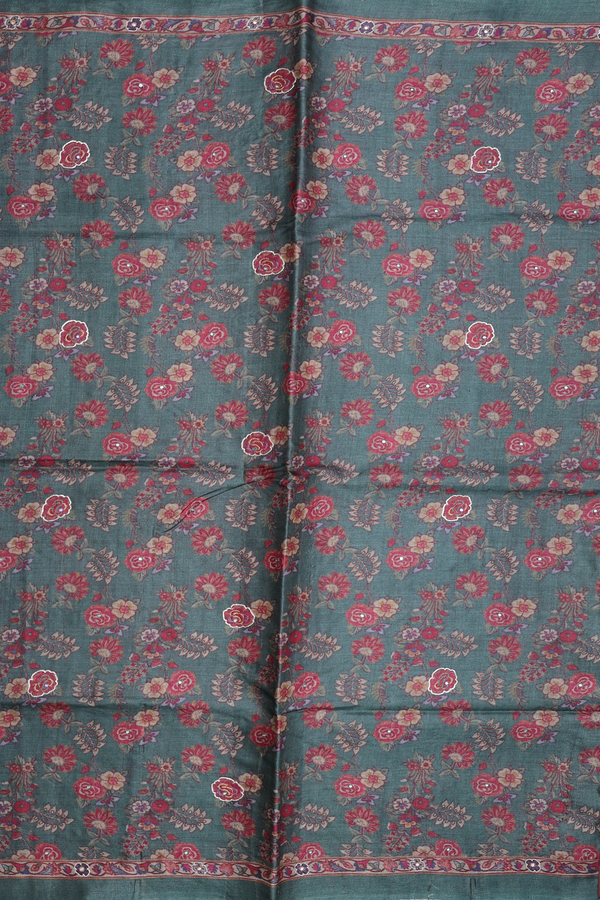 Tussar Silk Saree In Sage Green With Floral Design