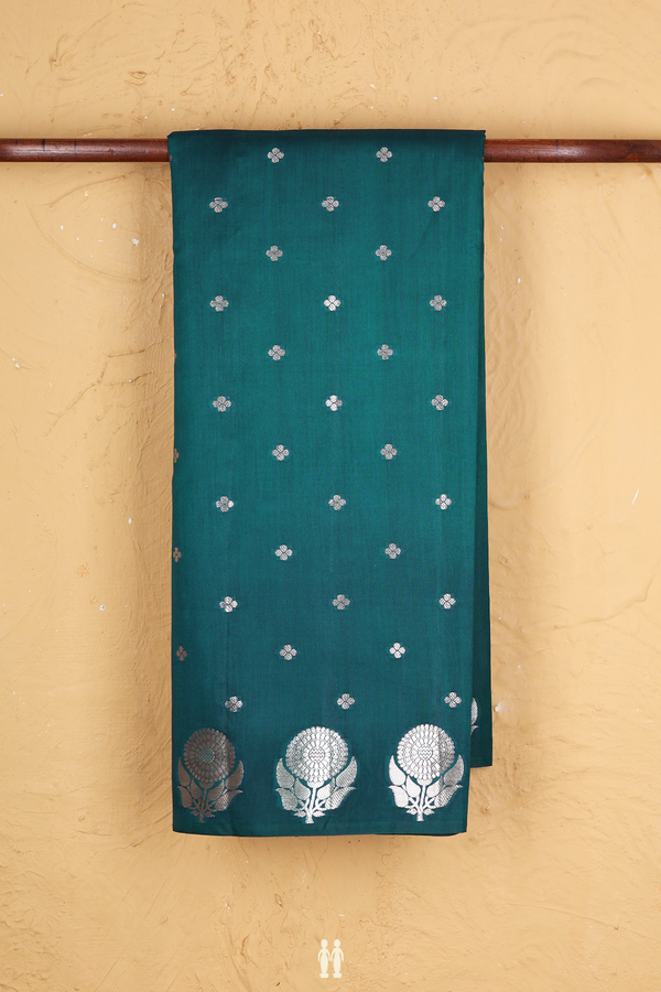 Raw Silk Saree In Midnight Green With Floral Buttas