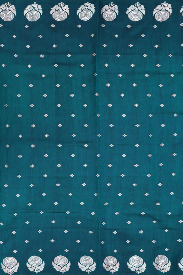 Raw Silk Saree In Midnight Green With Floral Buttas