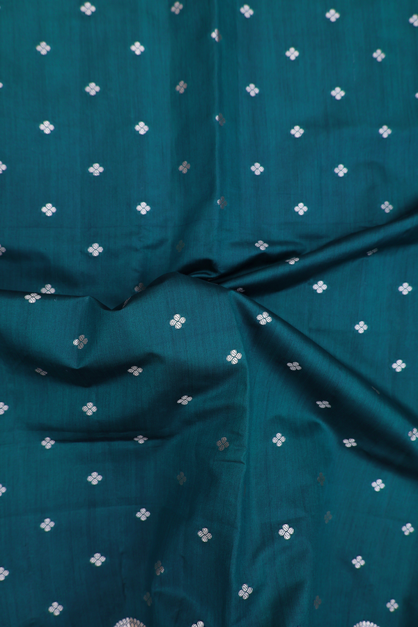 Raw Silk Saree In Midnight Green With Floral Buttas