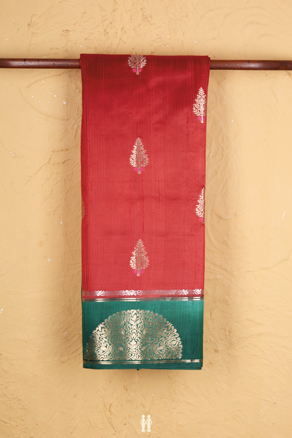 Raw Silk Saree In Crimson Red With Floral Buttas
