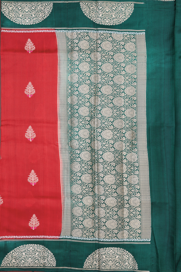 Raw Silk Saree In Crimson Red With Floral Buttas