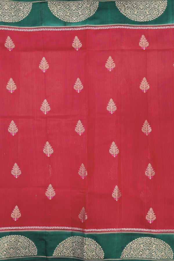 Raw Silk Saree In Crimson Red With Floral Buttas