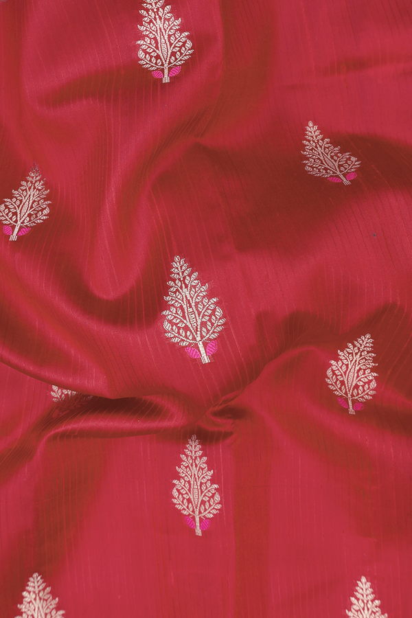 Raw Silk Saree In Crimson Red With Floral Buttas
