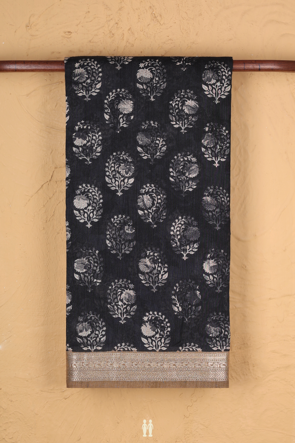 Chanderi Silk Cotton Saree Black With Floral Design