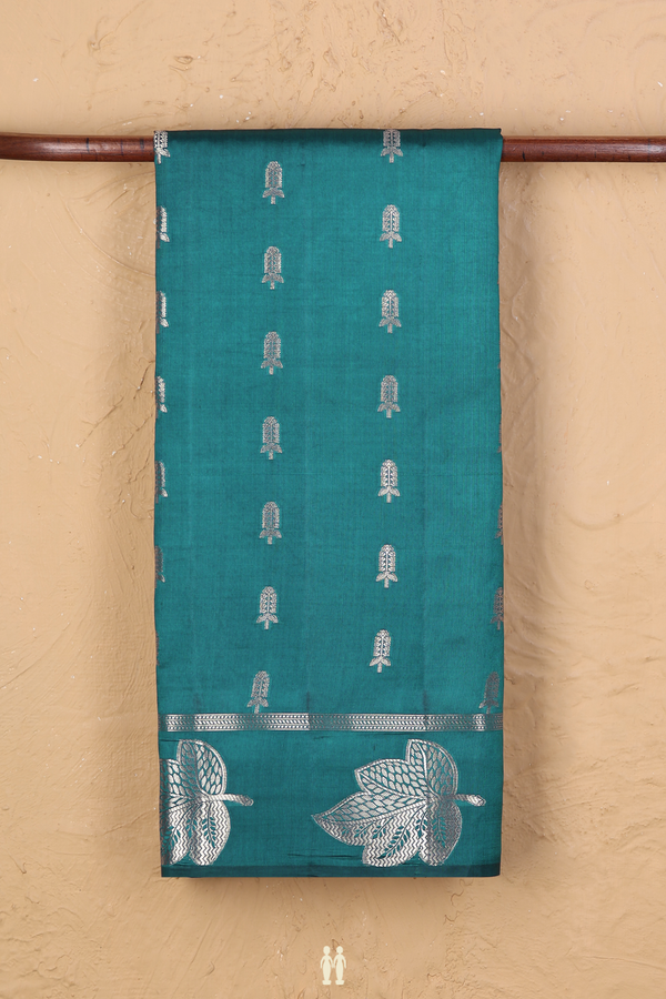 Raw Silk Saree In Teal Blue With Floral Buttas