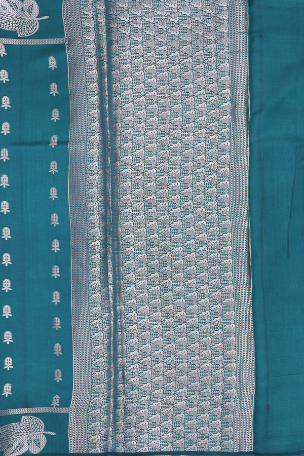 Raw Silk Saree In Teal Blue With Floral Buttas